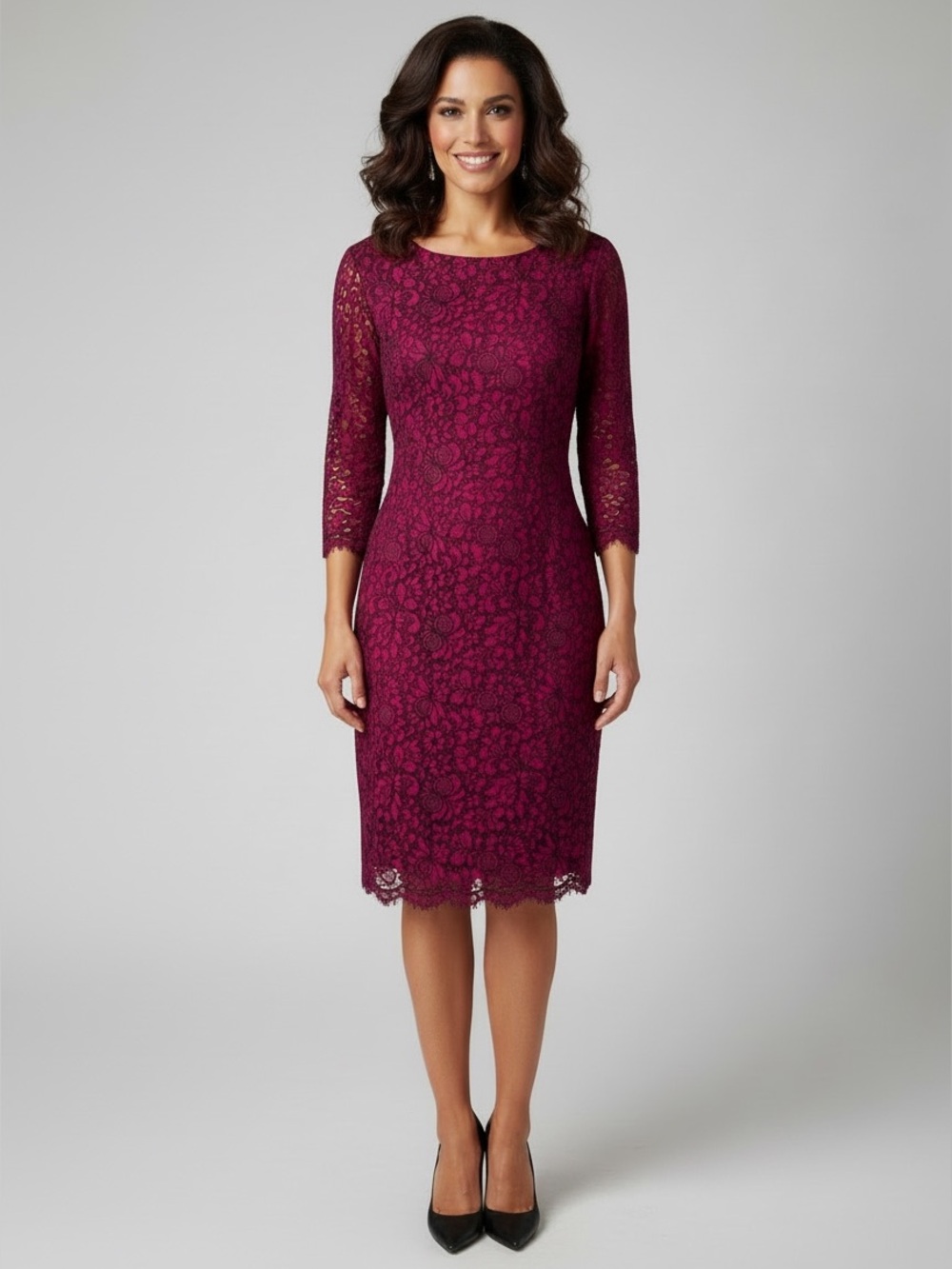 Alex Marie Lace Floral Sheath Cocktail Dress Magenta Burgundy Size 12